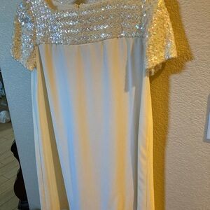 Vintage Soft White Crepe Mini Dress with Sequin Accents